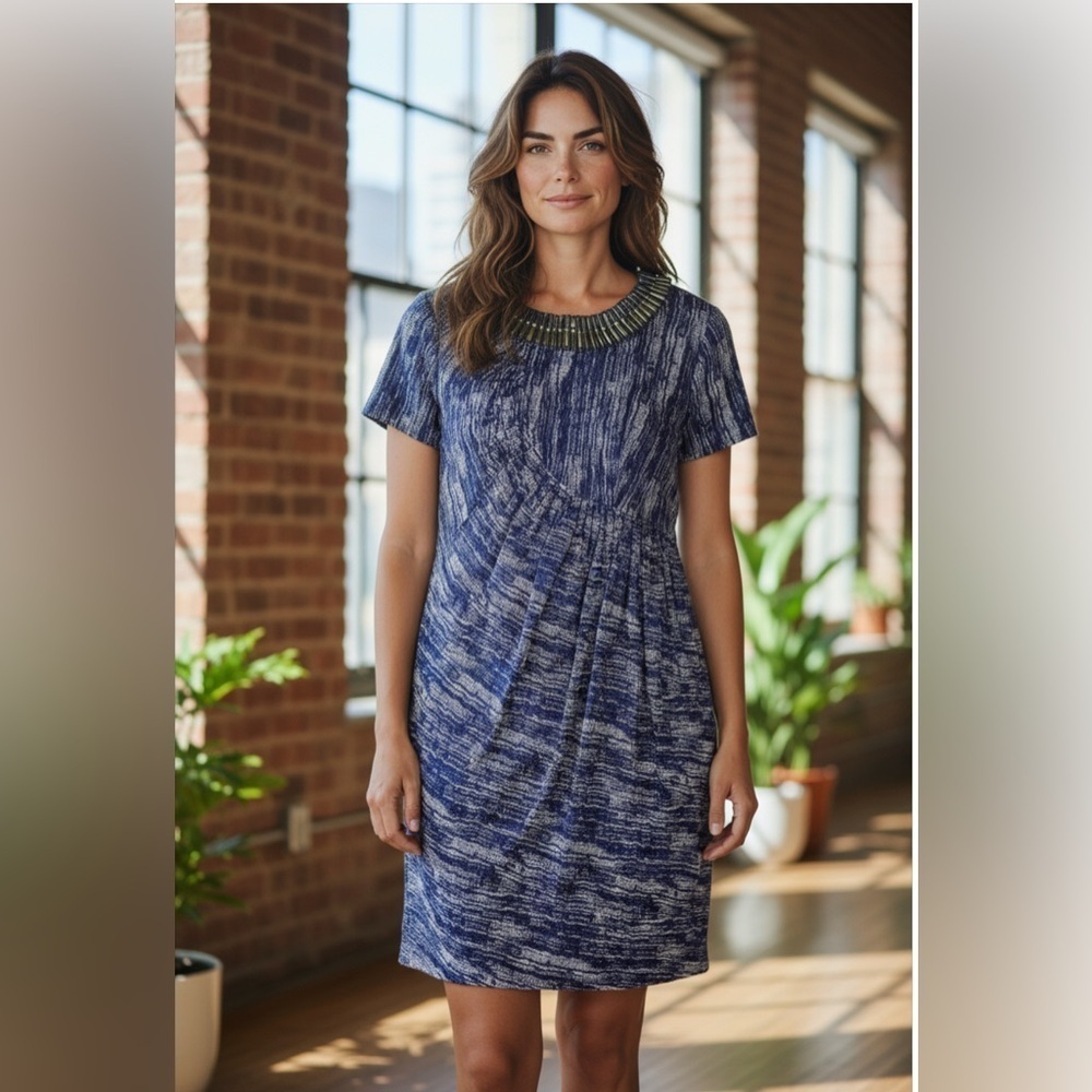 Matthew Williamson Blue & Cream Embellished Short Sleeve Dress. UK 14 or US 10.